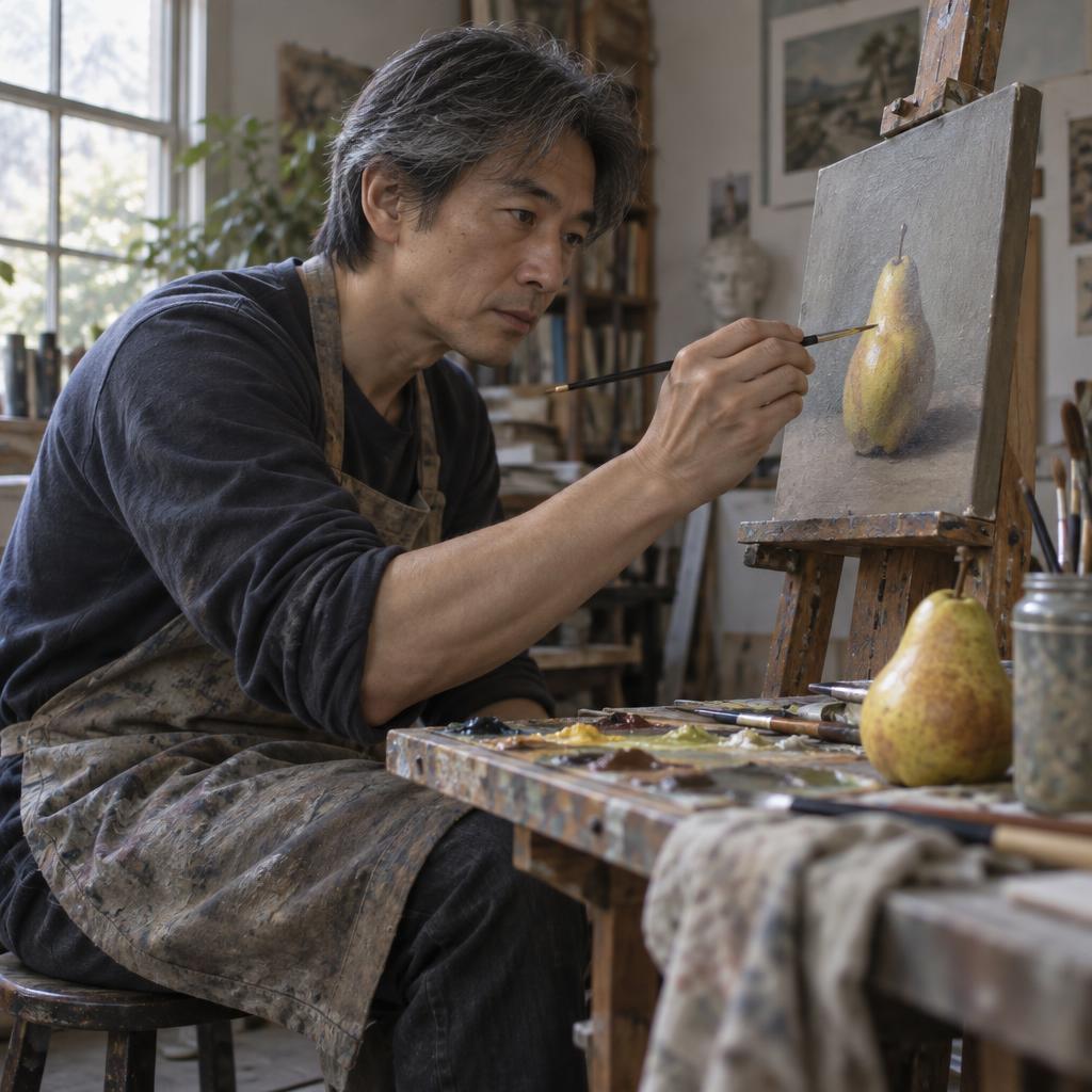 Creative Practice In A Working Studio: Close, low-angle photo of one person seated on a studio stool, carefully painting the highlight on a pear in a small still-life canvas.