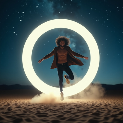 AI-generated photo: Photorealistic portrait photography. In a dark desert landscape, a person stands in front of a glowi...