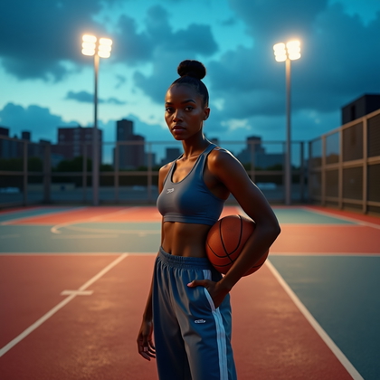 Photorealistic athletic lifestyle portrait photo on an urban outdoor basketball court at dusk, painted lines vivid against asphalt and chain-link fences throwing geometric shadows across the ground. The subject stands at the top of the key with a commanding stance, a ball secured against the hip and shoulders steady, gaze locked to camera with a cool, competitive spark; wardrobe blends streamlined streetwear and performance fabrics for a clean, modern edge. Overhead floodlights and a faint atmospheric haze create a cinematic glow around the face, cool-blue city ambience contrasting with warm pools of light below, while a low angle and tight three-quarter crop amplify presence without losing the gritty skyline energy.