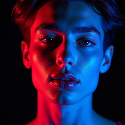 AI-generated photo: Photorealistic studio beauty portrait. Hyper-close face-only crop that includes the entire face but ...