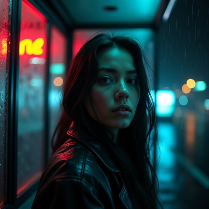 Rain-Soaked Street Escape Portrait example: Cinematic horror portrait photo. Profile/avatar crop with the subject framed from shoulders up inside a rain-streaked bu