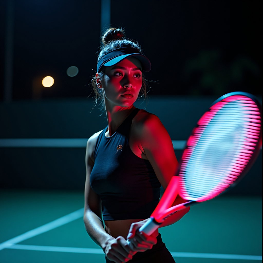 Action Serve and Backhand Tennis Portraits example: Photorealistic cinematic tenniscore portrait photography. Creative night-court backhand portrait with the face sharply v