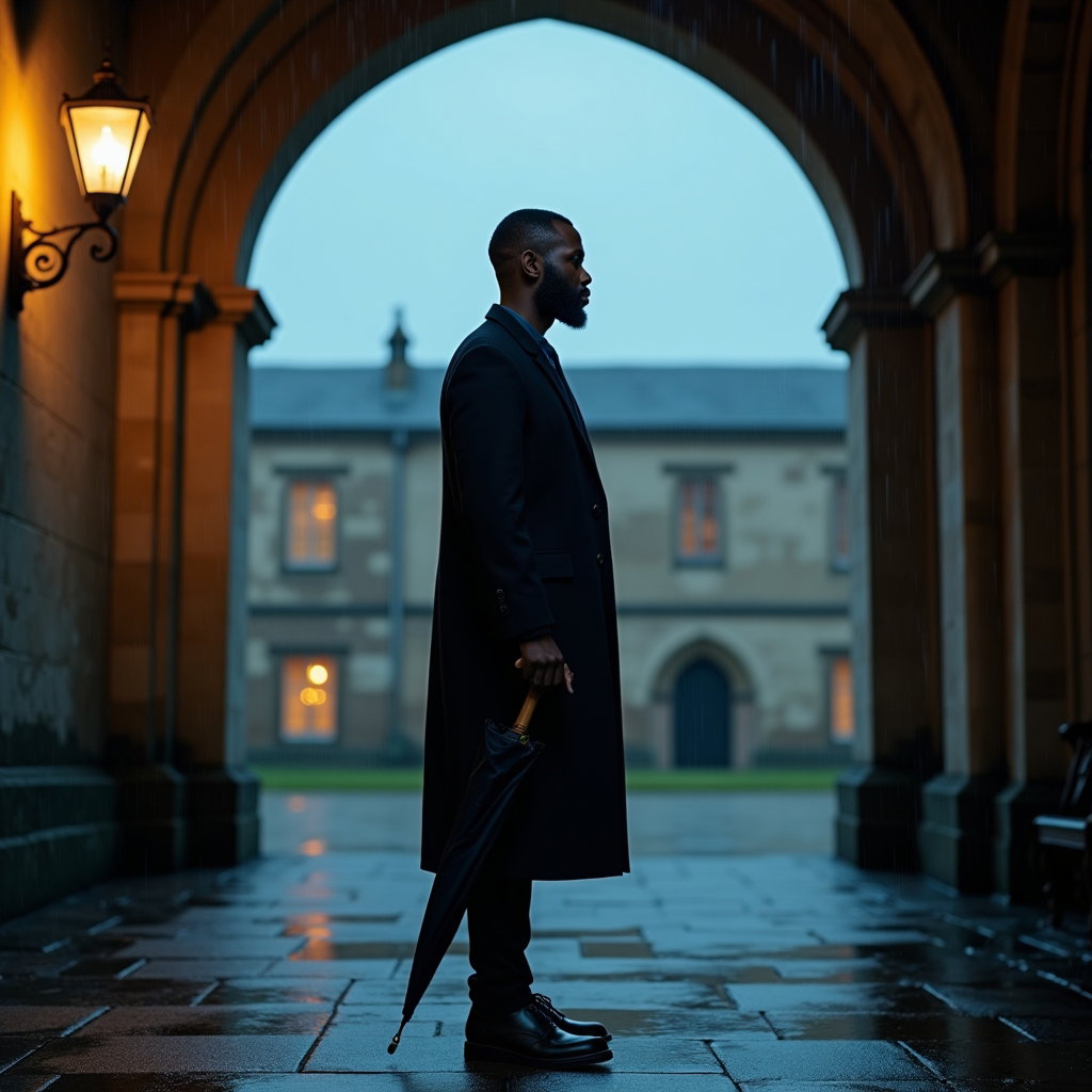 Rainy Courtyard: Full-body dusk portrait of one person beneath a gothic courtyard arch while rain falls in the open quadrangle behind.