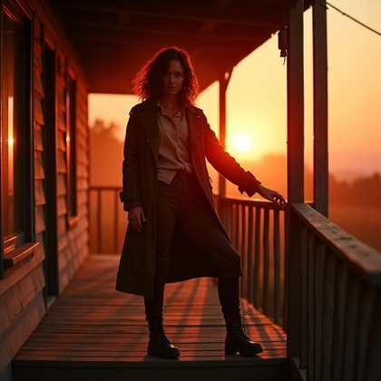 Sunrise Aftermath Final Girl Portrait example: Cinematic horror portrait photo, editorial hero image on the porch of an isolated farmhouse at sunrise, the subject cent