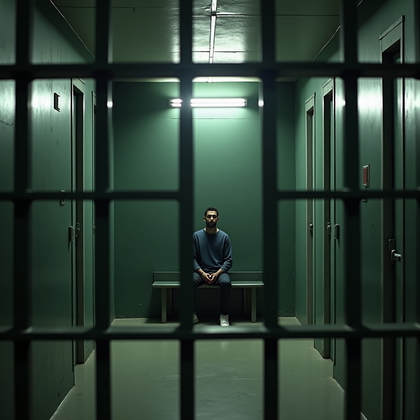 AI-generated photo: Photorealistic prison photography. The camera is positioned in a corridor, looking through a gate of...