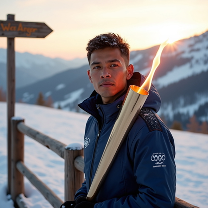 AI-generated photo: Photorealistic sports portrait photography. Athlete is captured on a snow-covered mountain overlook ...