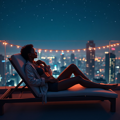 AI-generated photo: Photorealistic rooftop astro lifestyle portrait, full-body horizontal composition with the person re...
