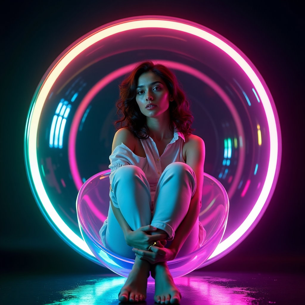 Neon Electropop Album Cover Portraits example: Photorealistic neon electropop album cover portrait. Unexpected creative variation with the subject seated in a transpar