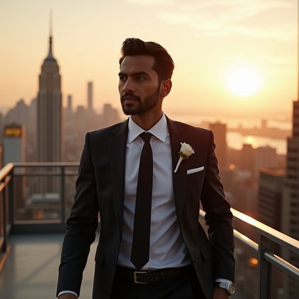AI-generated photo: Photorealistic wedding editorial photography on a rooftop terrace at golden hour, skyline softly glo...