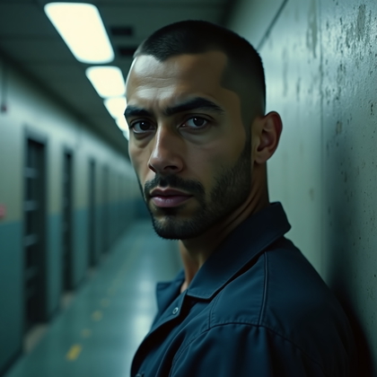 AI-generated photo: Photorealistic high-security prison corridor close-up, the subject standing against a painted concre...