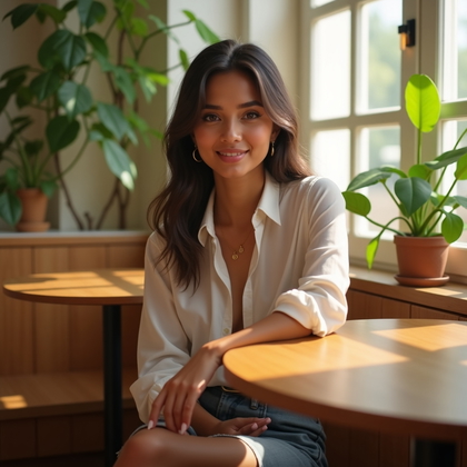 Photorealistic dating profile photo in a sunlit café corner with leafy plants, warm wood textures, and a small round table, composed at chest-up framing from a slightly high selfie angle for a candid, flattering perspective. Soft window light serves as key with subtle fill from pale walls, creating creamy background blur while the subject leans forward with an open, relaxed posture, direct gaze, and an inviting smile over a simple modern outfit.