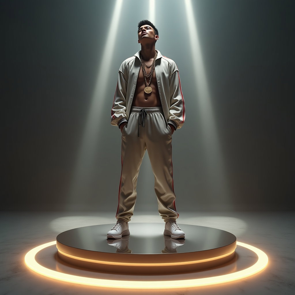 AI-generated photo: Photorealistic fashion photography, editorial horizontal composition in a futuristic indoor set wher...