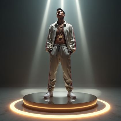 AI-generated photo: Photorealistic fashion photography, editorial horizontal composition in a futuristic indoor set wher...