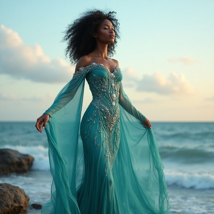 AI-generated photo: Mythical character photo illustrating a majestic sea deity, adorned in a flowing gown of shimmering ...