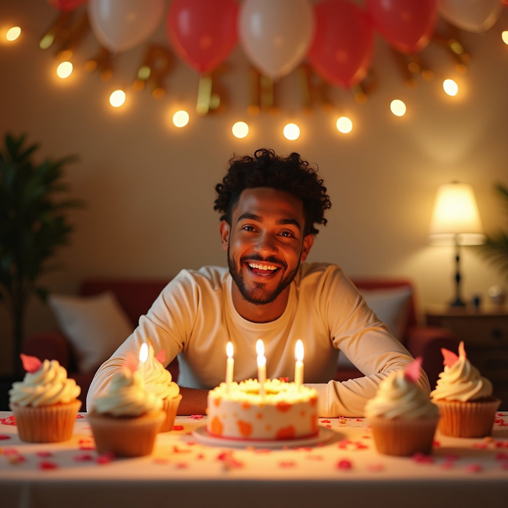 Playful Birthday Confetti and Balloon Portraits example: Photorealistic environmental portrait photography. The subject sits at a decorated birthday table with cupcakes, candles