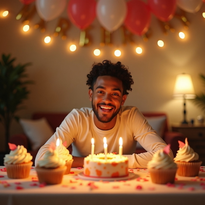 Playful Birthday Confetti and Balloon Portraits example: Photorealistic environmental portrait photography. The subject sits at a decorated birthday table with cupcakes, candles
