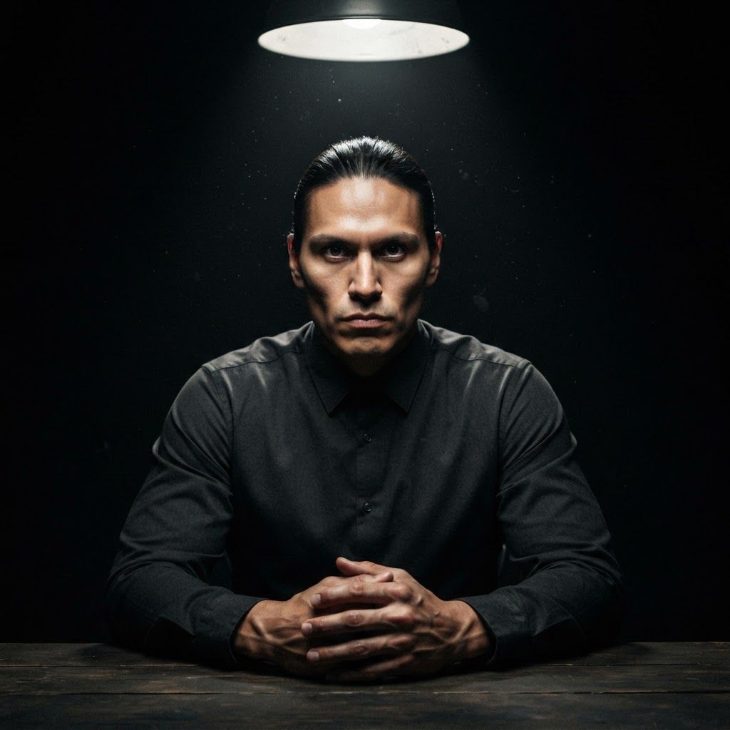 Interrogation Lamp: Tight chest-up interrogation portrait, one visible person seated close to the table with clasped hands just inside the bottom of frame, dark…