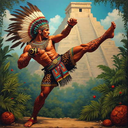 AI-generated photo: **Mesoamerican-inspired mural painting**. This vibrant scene captures a UFC fighter adorned in tradi...