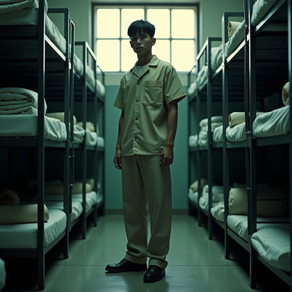 AI-generated photo: Photorealistic prison photography, three-quarter body shot on a bunk in a crowded dorm-style prison ...