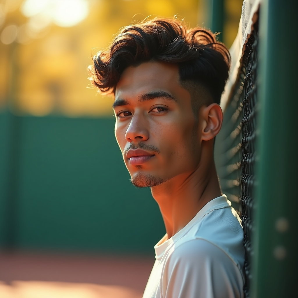 Golden Hour Court Fence Portraits example: Photorealistic portrait photography. Profile/avatar crop with the subject close to the court fence, shoulders angled sli