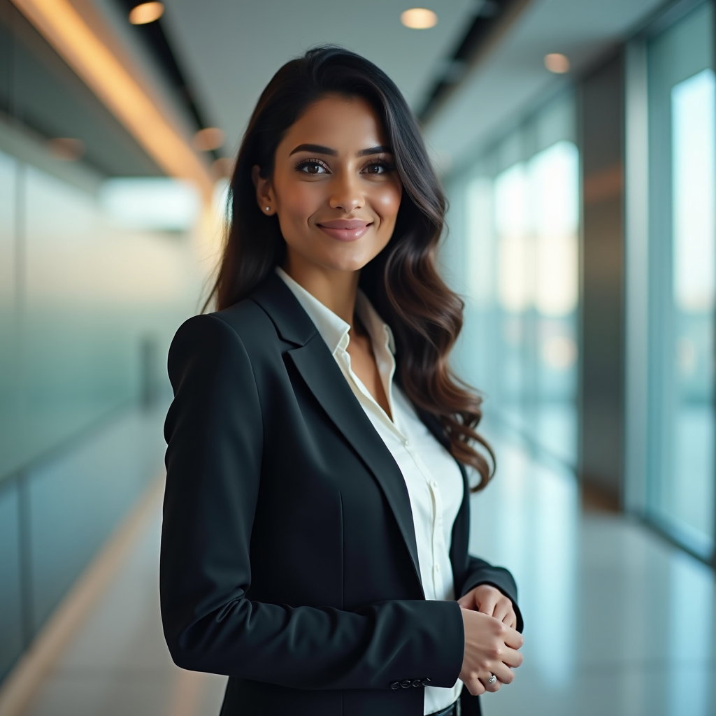 AI-generated photo: Professional headshot in a minimalist lobby with a frosted-glass wall and a softly defocused company...