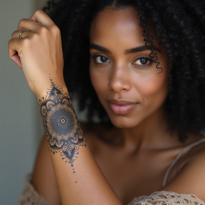 AI-generated photo: Photorealistic photography of a woman showcasing an intricate mandala flower tattoo on her wrist, bl...