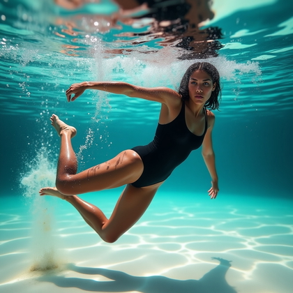 AI-generated photo: Photorealistic underwater action portrait photography. A swimmer executes a strong underwater kick, ...