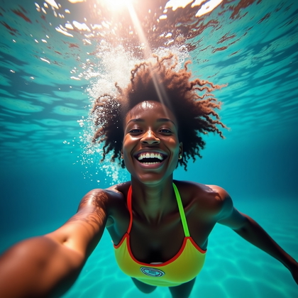 AI-generated photo: Photorealistic underwater portrait photography. The subject is captured in a joyful upward swim towa...