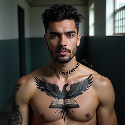 AI-generated photo: Photorealistic prison portrait photograph, close-up three-quarter view from chest up, the person sea...