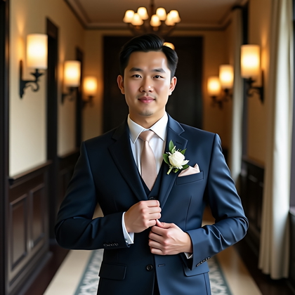 AI-generated photo: Photorealistic wedding photography portrait inside a boutique hotel hallway where the groom fastens ...