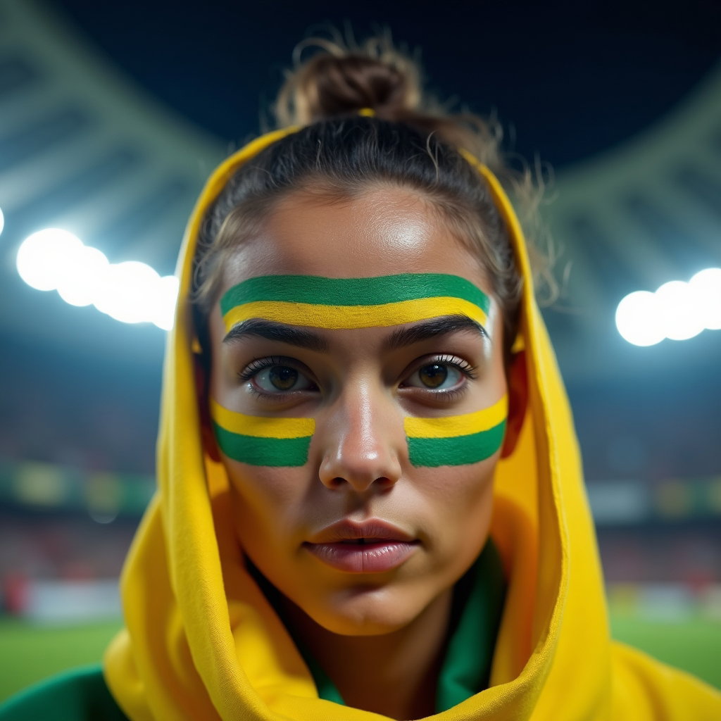 Bold Face-Paint Fan Portraits in National Colors example: Photorealistic close-up portrait photography. Tight face-forward composition with bold symmetrical face paint in nationa