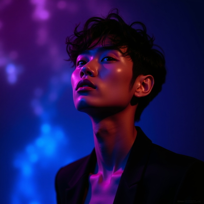 AI-generated photo: Photorealistic studio portrait. Tight horizontal crop focused from mid-chest up, with the subject fr...