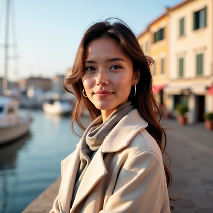 Off-Season Riviera Portraits With Cozy Coastal Style example: Photorealistic fashion portrait photography. Profile-ready avatar crop from the chest up beside a harbor wall, face full