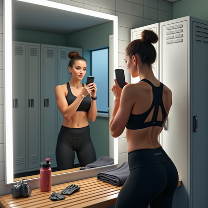 AI-generated photo: Photorealistic fitness photography capturing a post-workout locker-room fit check with an athletic S...