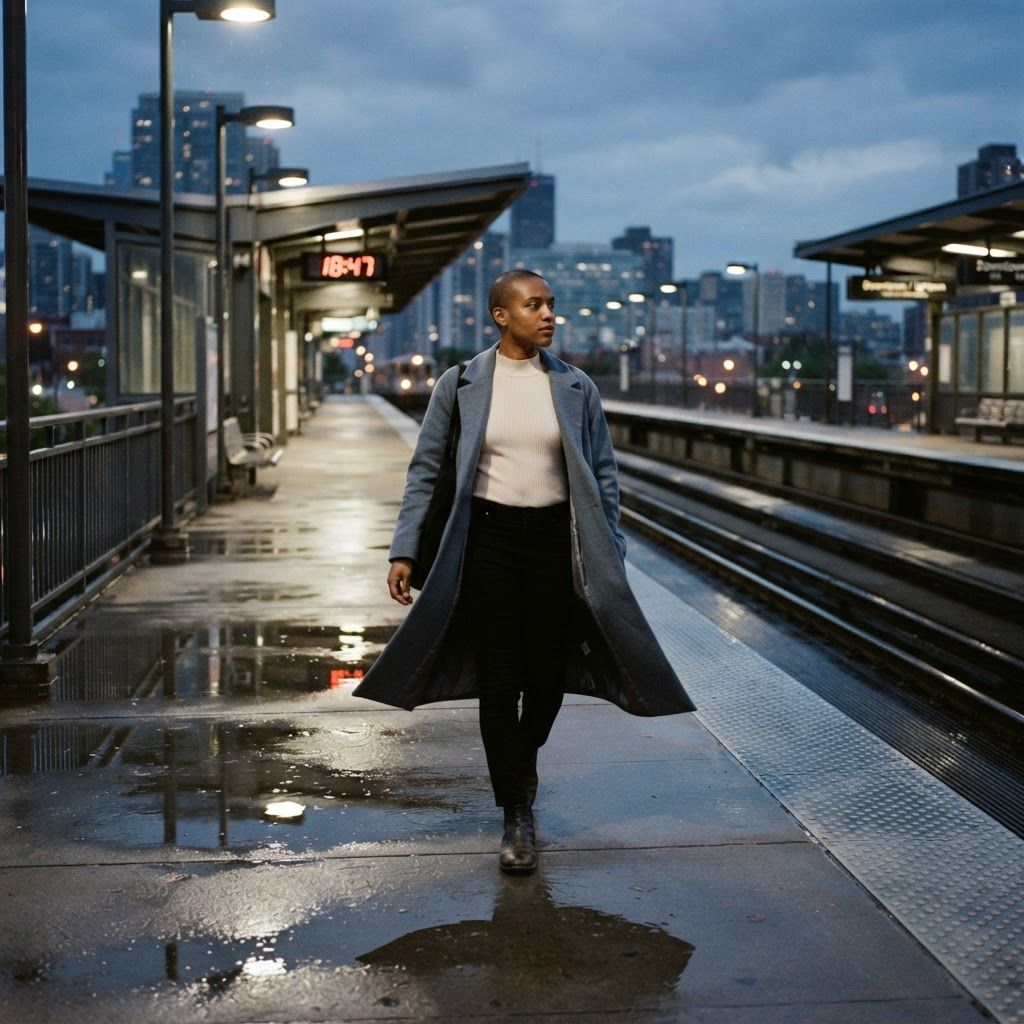Longline Coat at a Train Platform: Candid-feeling full-length photo on a deserted elevated city train platform after rain.