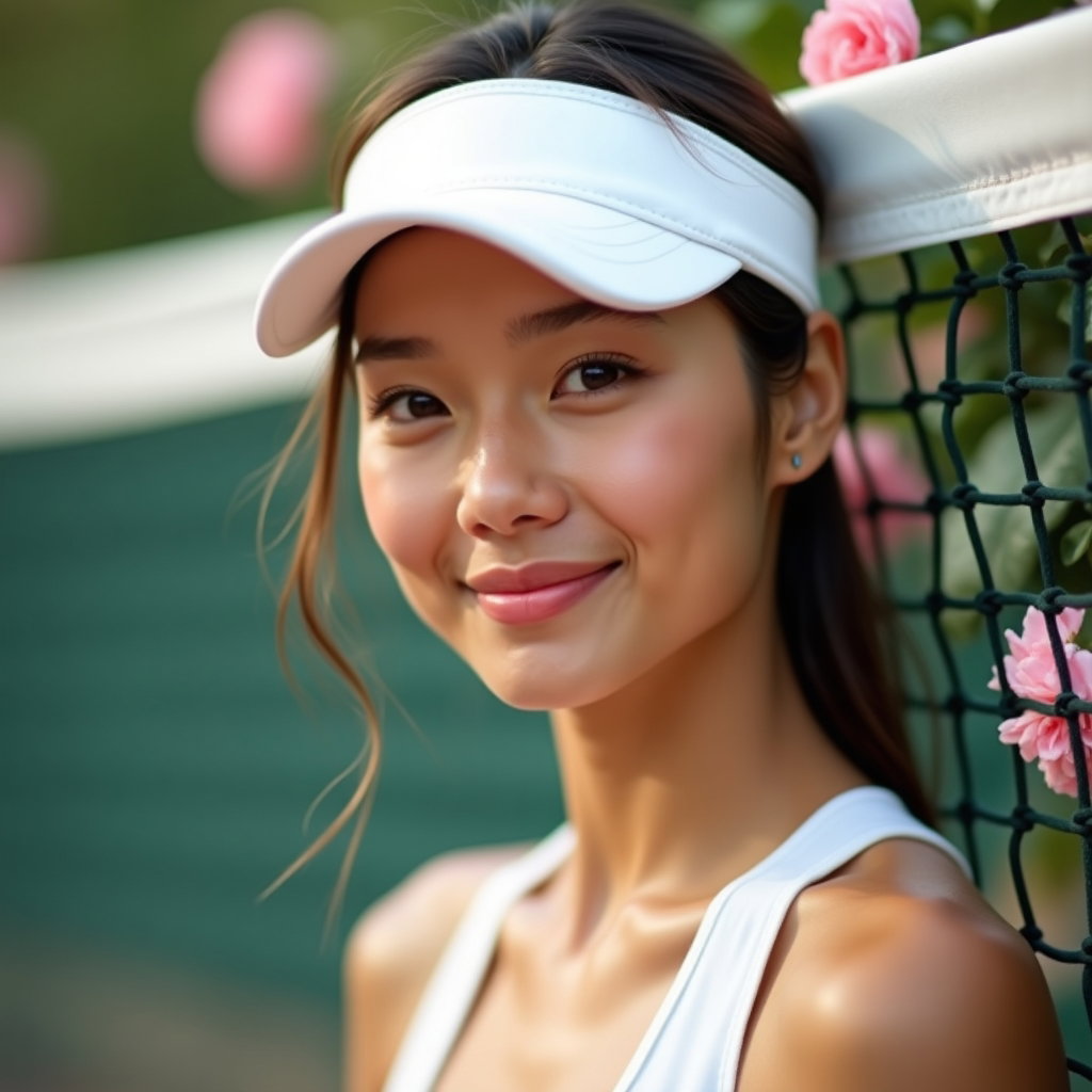 Romantic Soft-Focus Tenniscore Portraits example: Dating profile photo. Profile/avatar crop with the subject framed from the shoulders up against a softly blurred tennis