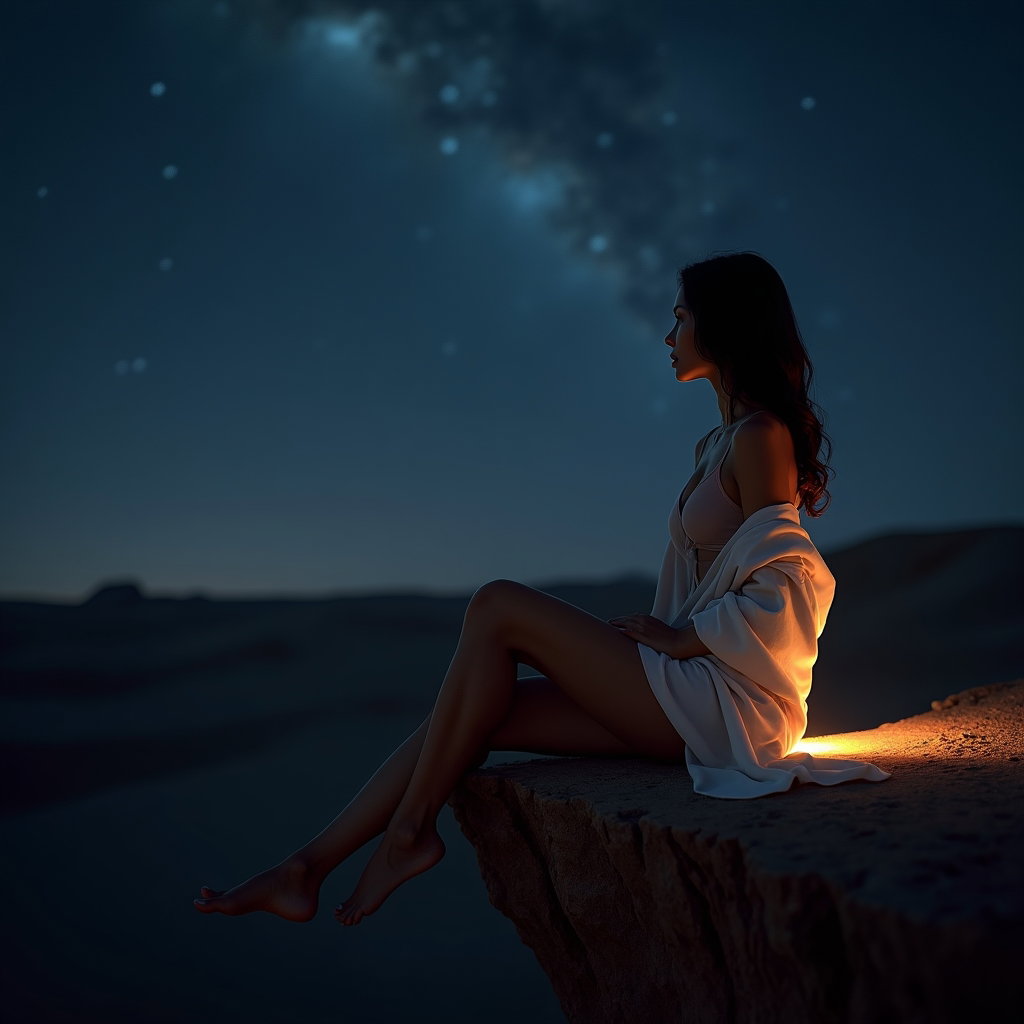 AI-generated photo: Photorealistic nighttime desert cliff edge portrait with minimalist composition and a dreamy, romant...