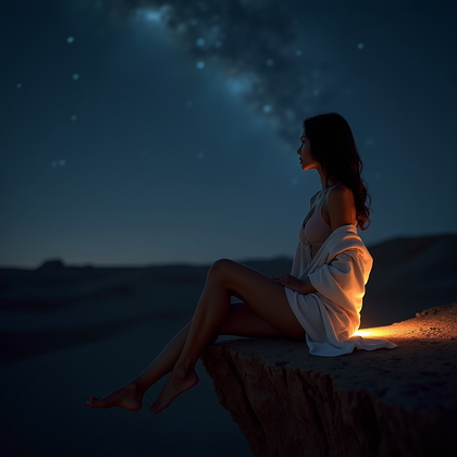 AI-generated photo: Photorealistic nighttime desert cliff edge portrait with minimalist composition and a dreamy, romant...