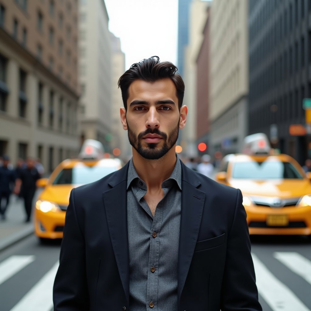 AI-generated photo: Photorealistic portrait photo on a busy downtown crosswalk at morning rush, subject centered on the ...