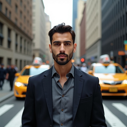 AI-generated photo: Photorealistic portrait photo on a busy downtown crosswalk at morning rush, subject centered on the ...