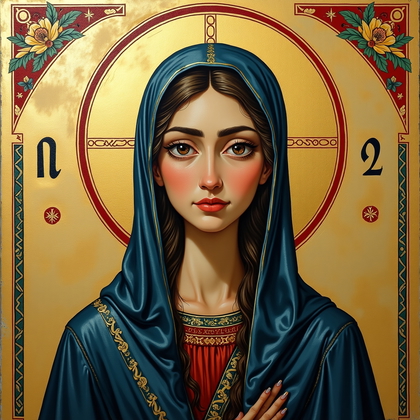 AI-generated photo: Egg tempera caricature painting on gessoed panel with gilded halo — a playful Byzantine-inspired ico...