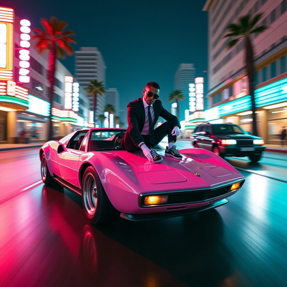 AI-generated photo: Overview A high-energy, stylized nighttime street scene shows a retro supercar racing through a neon...
