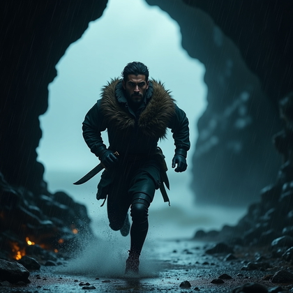AI-generated photo: Photorealistic outdoor action portrait: At night on a windswept cliff ledge, the subject sprints pas...