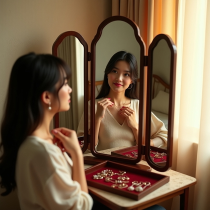 AI-generated photo: Photorealistic lifestyle photography in a bedroom dressing corner with a vintage tri-fold vanity mir...