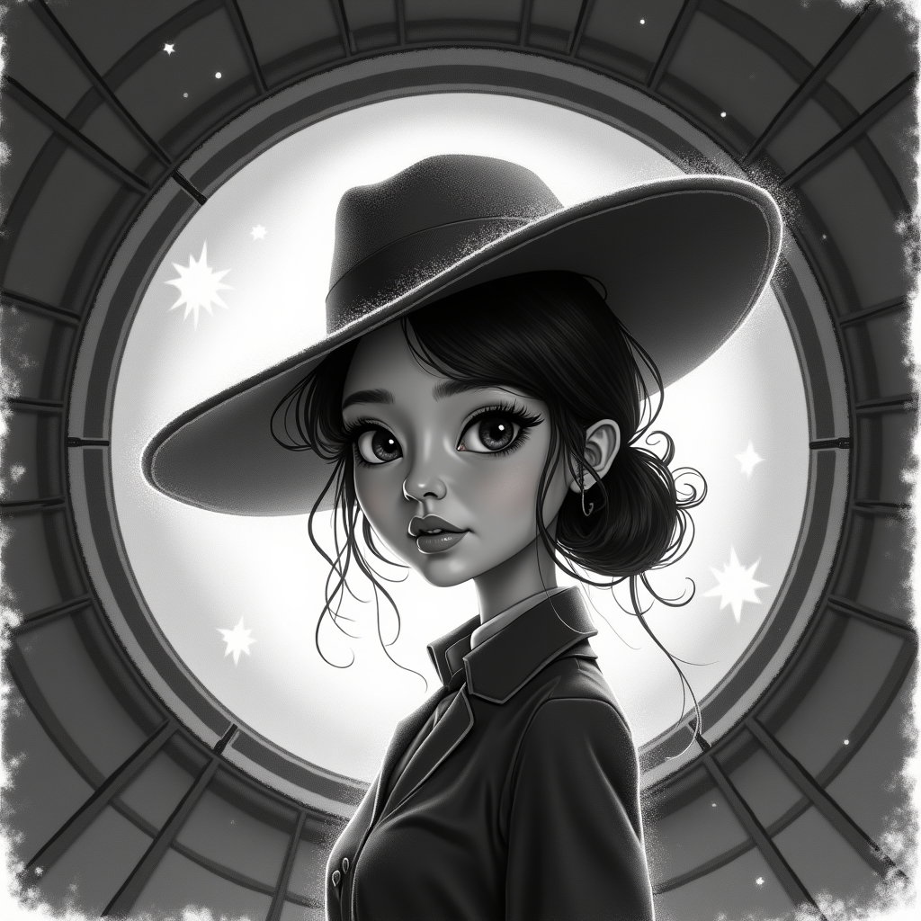 AI-generated photo: Charcoal and white chalk caricature illustration: inside an observatory dome, a blazing circular sta...