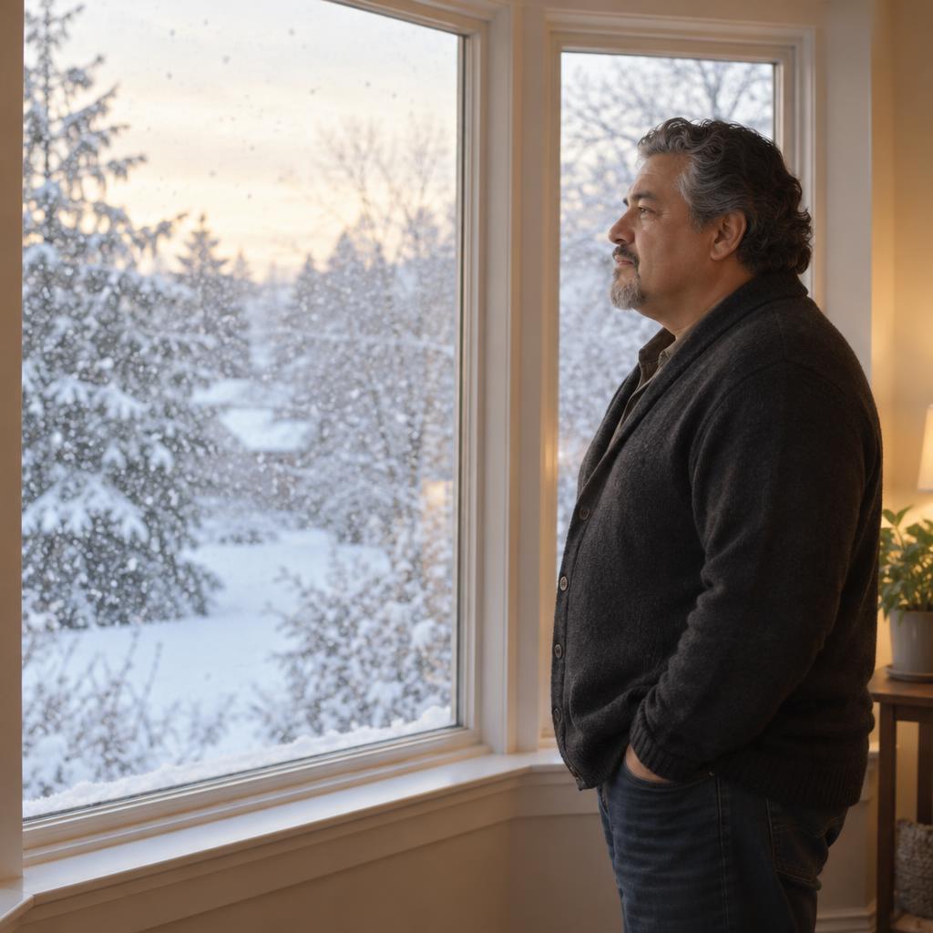 Window-Lit Snowfall Silhouette: A full-length, reflective portrait in a simple bay-window alcove.