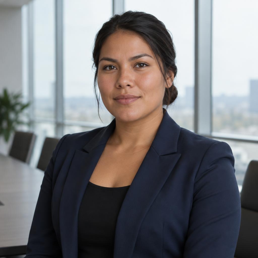 Polished Authority Role: Chest-up portrait in a modern conference room, with a long table only faintly visible and clean window mullions behind.
