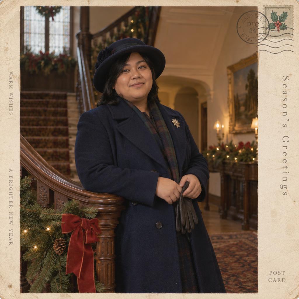 Vintage Postcard-Style Portrait: Inside a historic entry hall, a single person pauses by a garland-draped banister, holding a pair of gloves and facing the camera with a…