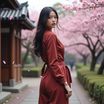 AI-generated photo: Fashion editorial photography, a solo subject posed near a traditional wooden walkway framed by bloo...