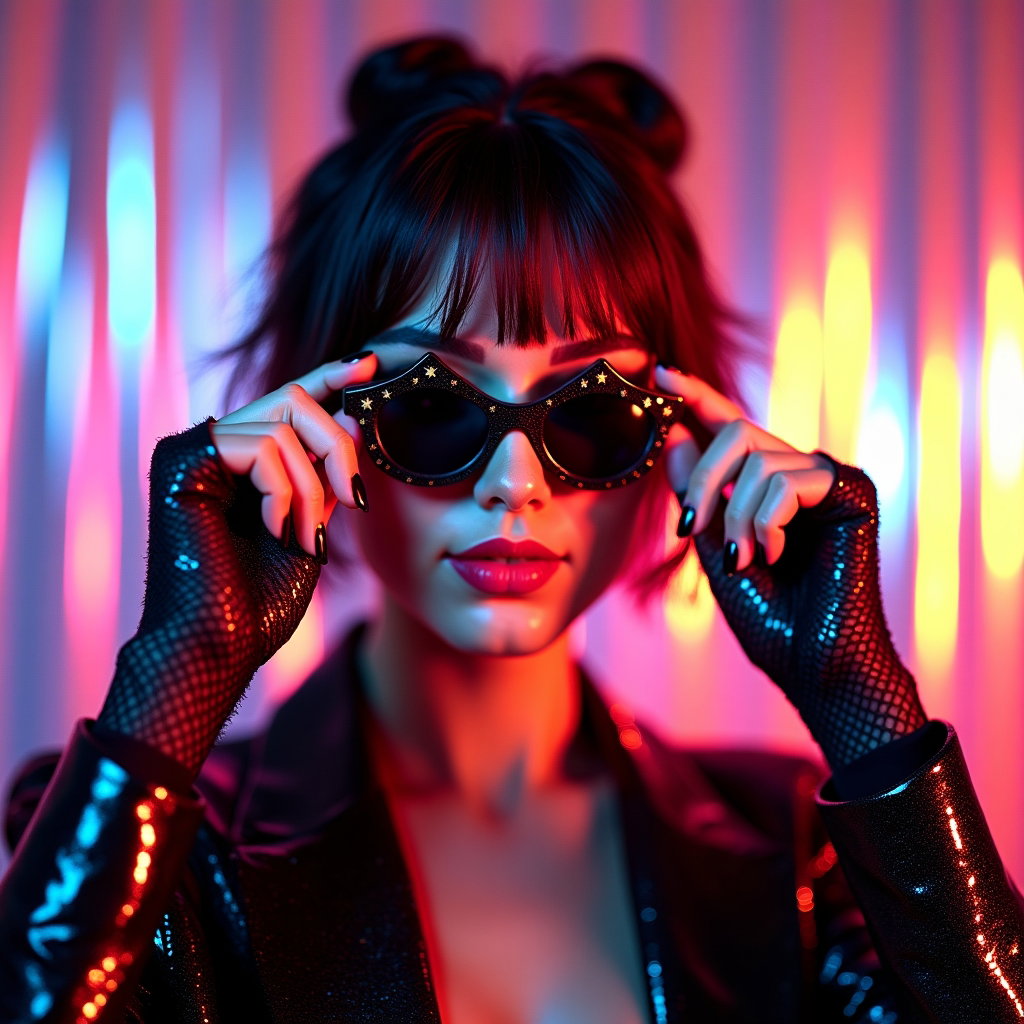 AI-generated photo: Photorealistic 1980s studio portrait photograph with an iridescent mylar foil curtain backdrop, tigh...